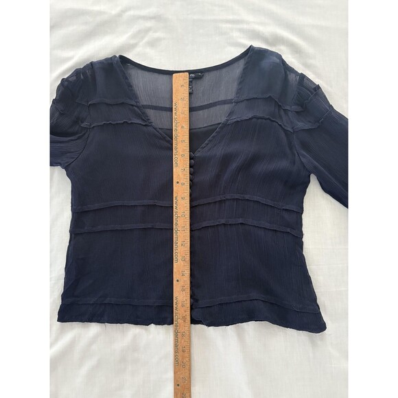 Boston Proper Blouse Womens 4 Navy Blue Silk Sheer Button Front Whimsy Luxury - Picture 11 of 16